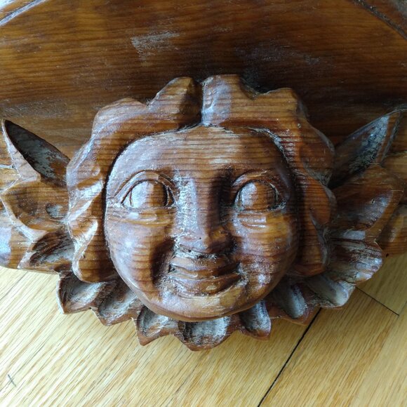 Vintage Cherub Carved Wood Angel Shelf Wall Mounted Altar Chunky Smiling Happy - Picture 2 of 16